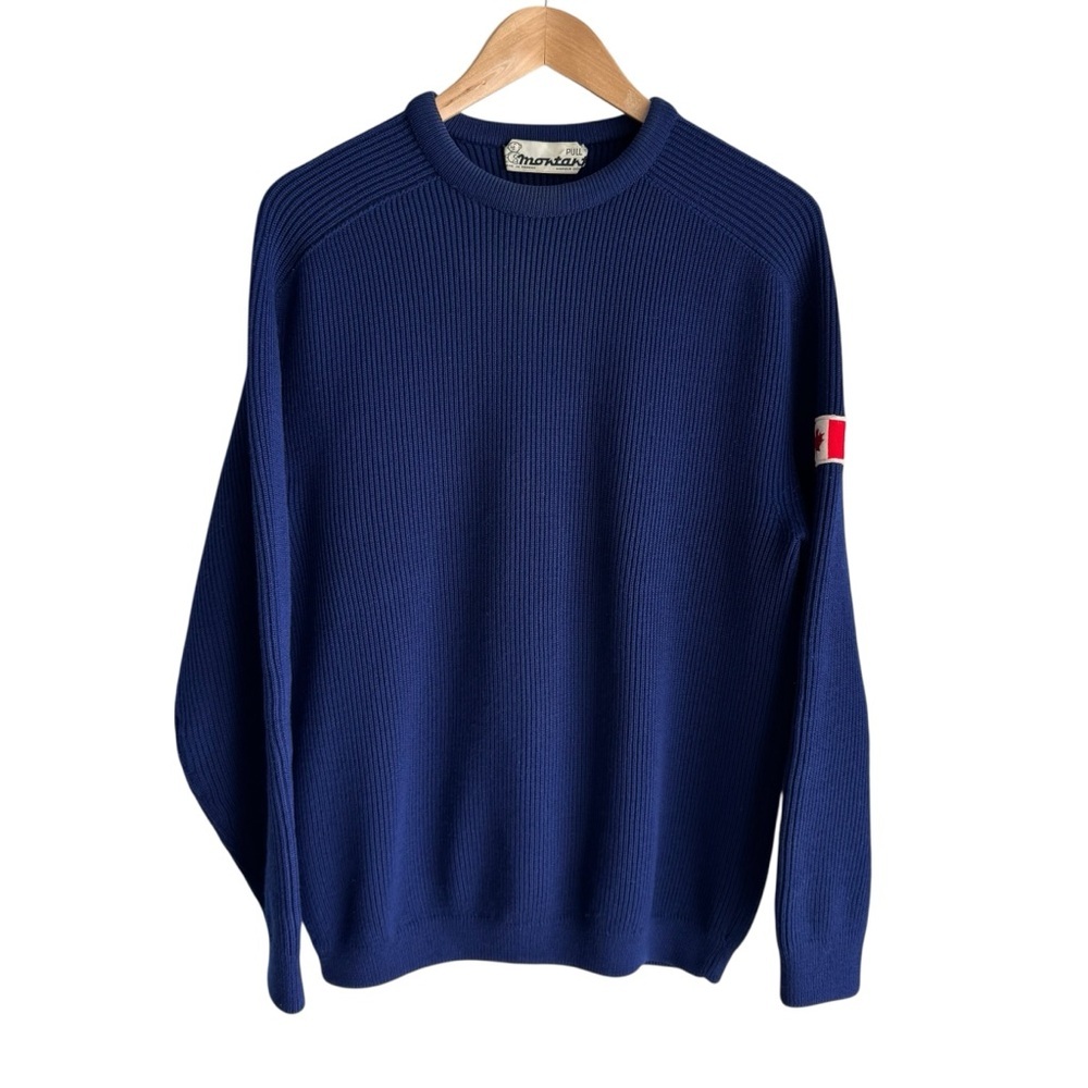 Vintage 70s French Chunky Ribbed Crewneck Sweater Mens L Navy Blue Heavy Retro